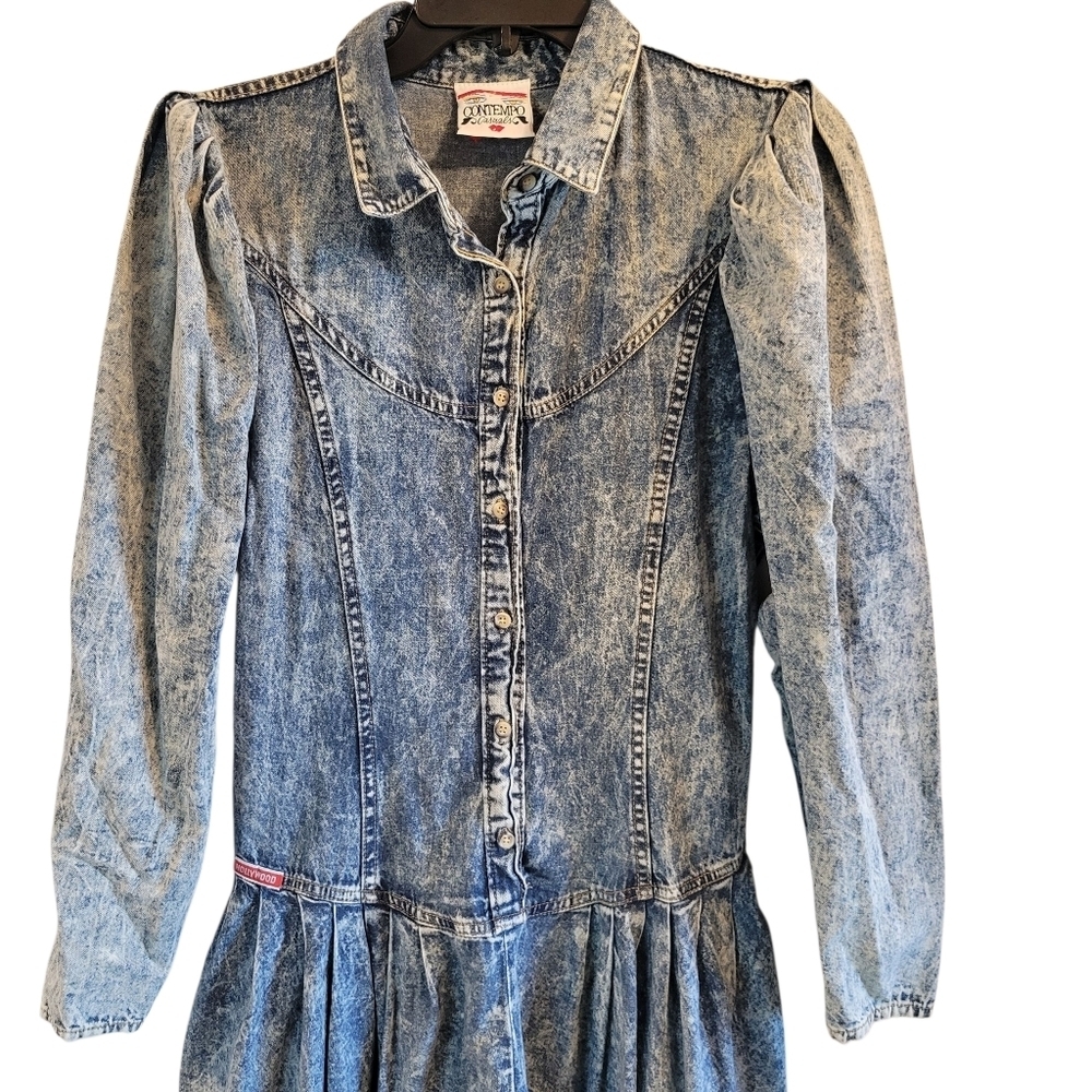 Vintage Contempo Casuals Hollywood Era Long Sleeve Acid Wash Denim Maxi Dress - Picture 2 of 11